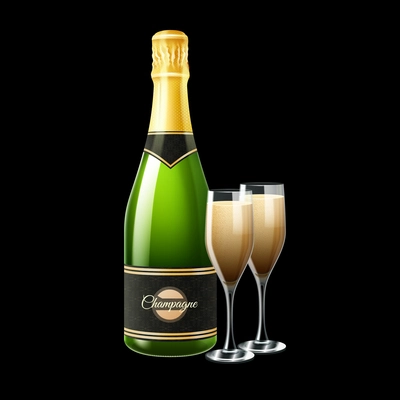 Champagne bottle and two glasses on black background realistic vector illustration