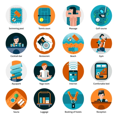 Hotel offers and facilities round icons set with sports recreation and health care flat isolated vector illustration