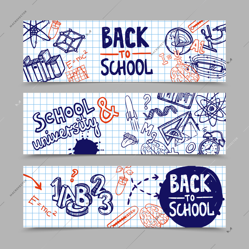 Back to school horizontal banners with hand drawn education symbols on squared paper background isolated vector illustration