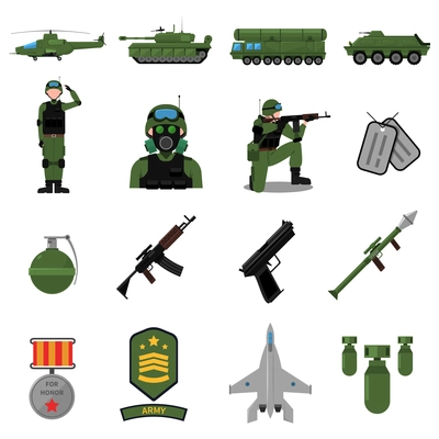 Army icons set with weapons soldiers and equipment flat isolated vector illustration