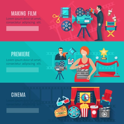 Filmmaking and premiere horizontal banners set with cinema tickets cameras and awards flat isolated vector illustration