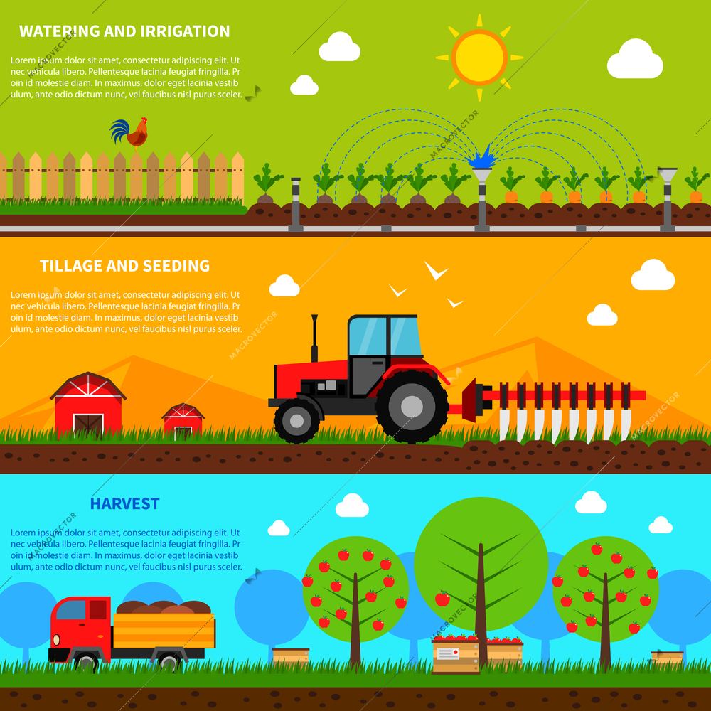 Farming horizontal banner set with watering and seeding elements isolated vector illustration