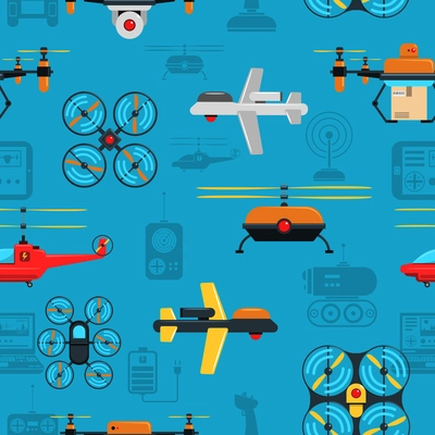 Drones seamless background with flying and caterpillar drones flat vector illustration