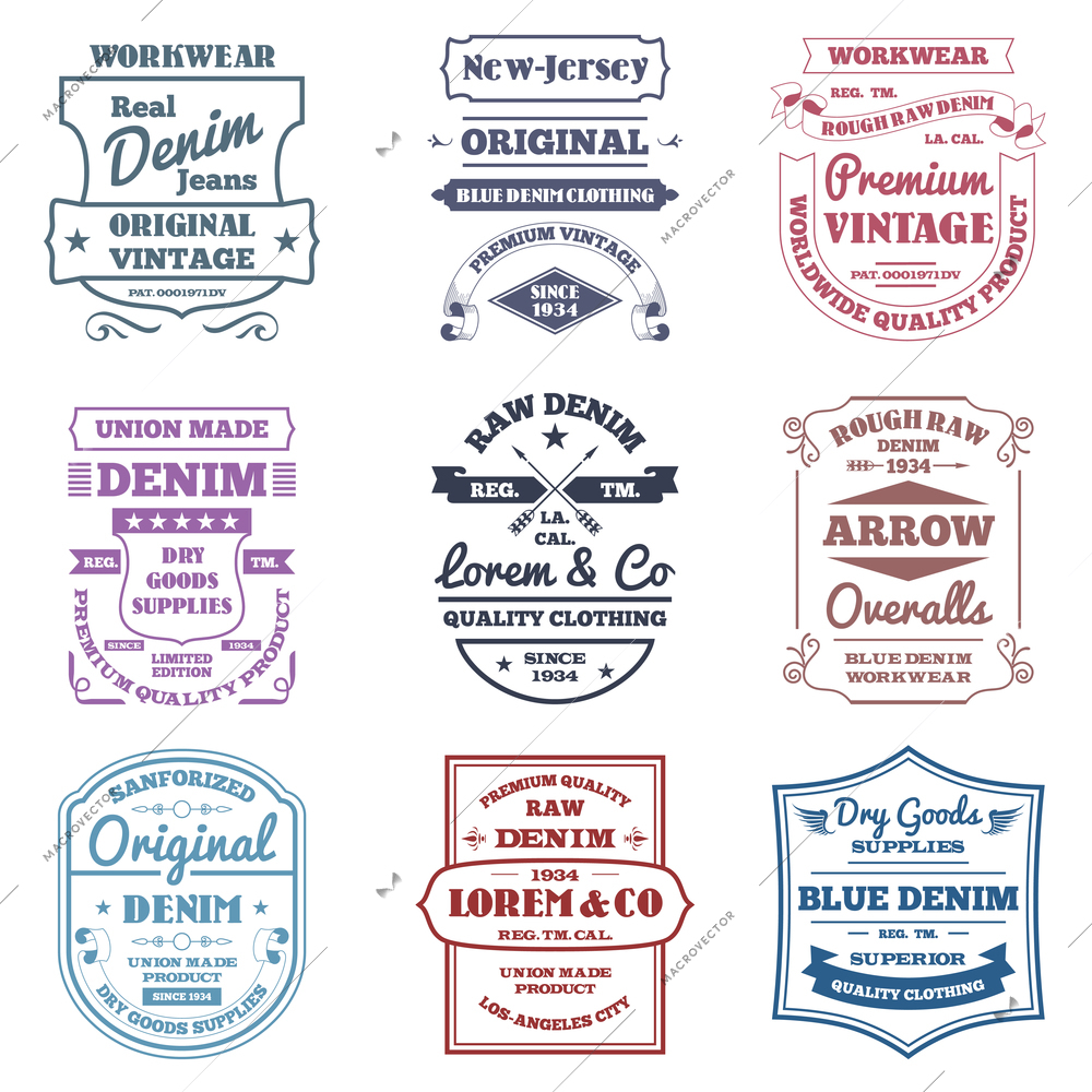 Denim typography emblems premium quality work wear labels set isolated vector illustration