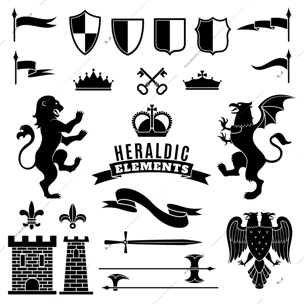 Heraldic elements black white set with crests and crowns flat isolated vector illustration