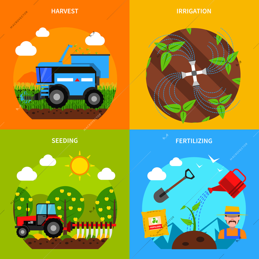 Agriculture design concept set with harvest and irrigation flat icons isolated vector illustration