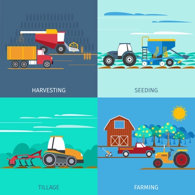 Farming machines icons set with harvesting seeding and tillage flat isolated vector illustration