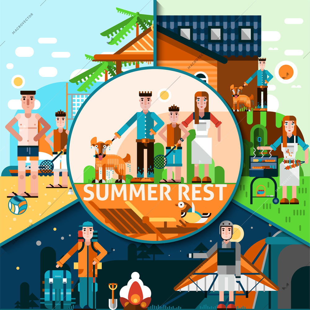 Summer rest concept with active outdoors holidays elements flat vector illustration