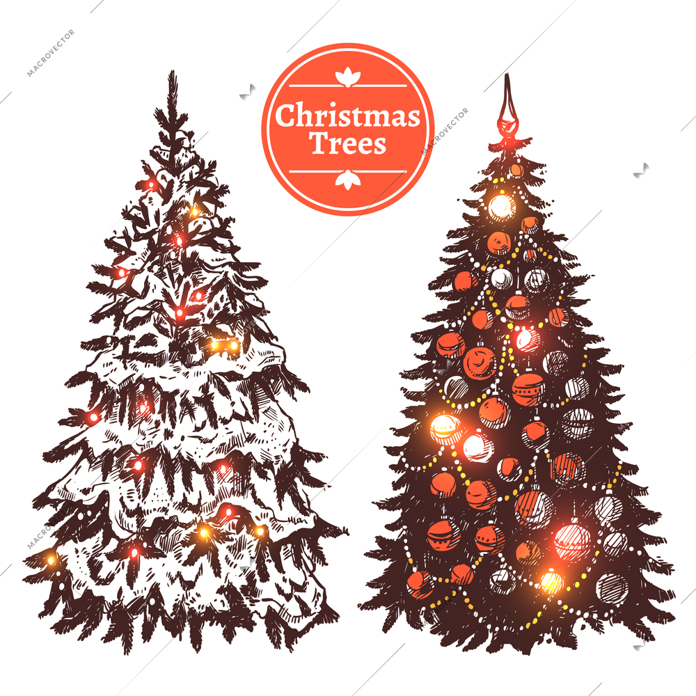 Hand drawn christmas tree decorated with balls and covered wish snow set isolated vector illustration