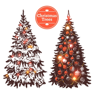 Hand drawn christmas tree decorated with balls and covered wish snow set isolated vector illustration