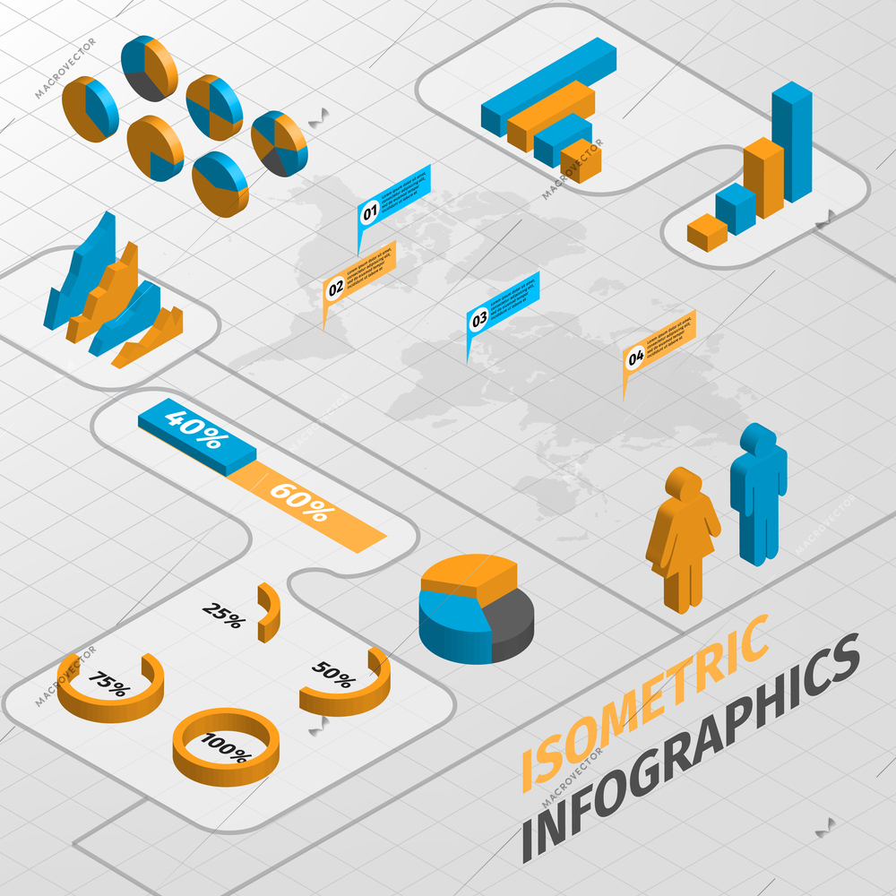 Abstract isometric business infographics design elements charts and graphs vector illustration