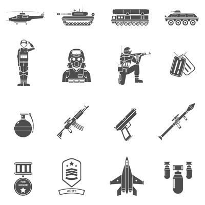 Army black white icons set with army transport uniform and weapons flat isolated vector illustration