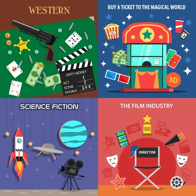 Movie design concept set with western science fiction film flat icons isolated vector illustration