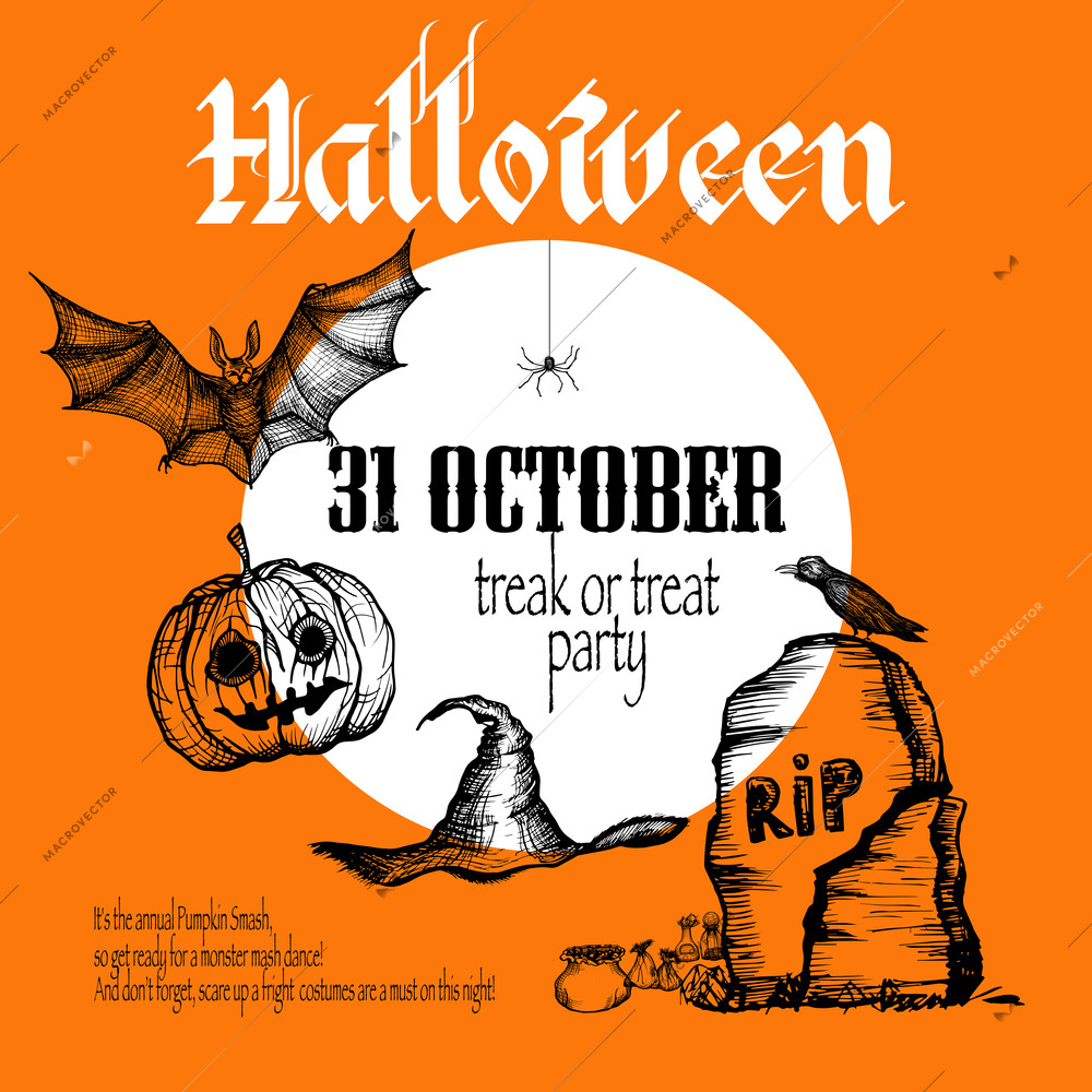 Halloween sketch background with holiday party symbols set on orange background vector illustration