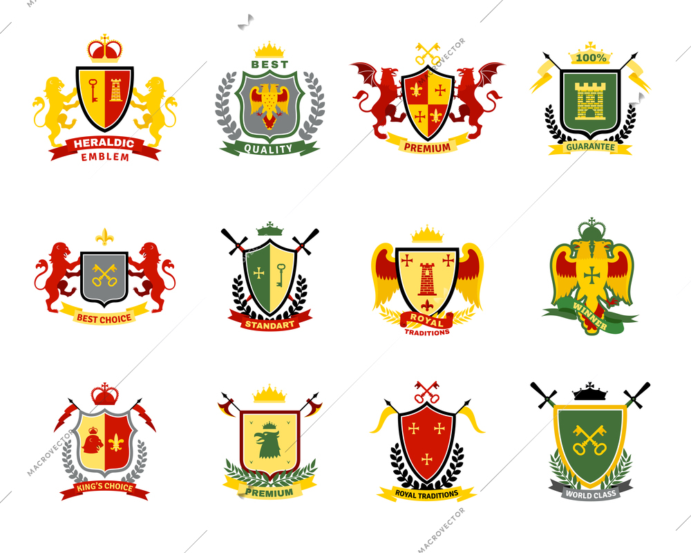 Heraldic emblems set with coat of arms and royal symbols flat isolated vector illustration