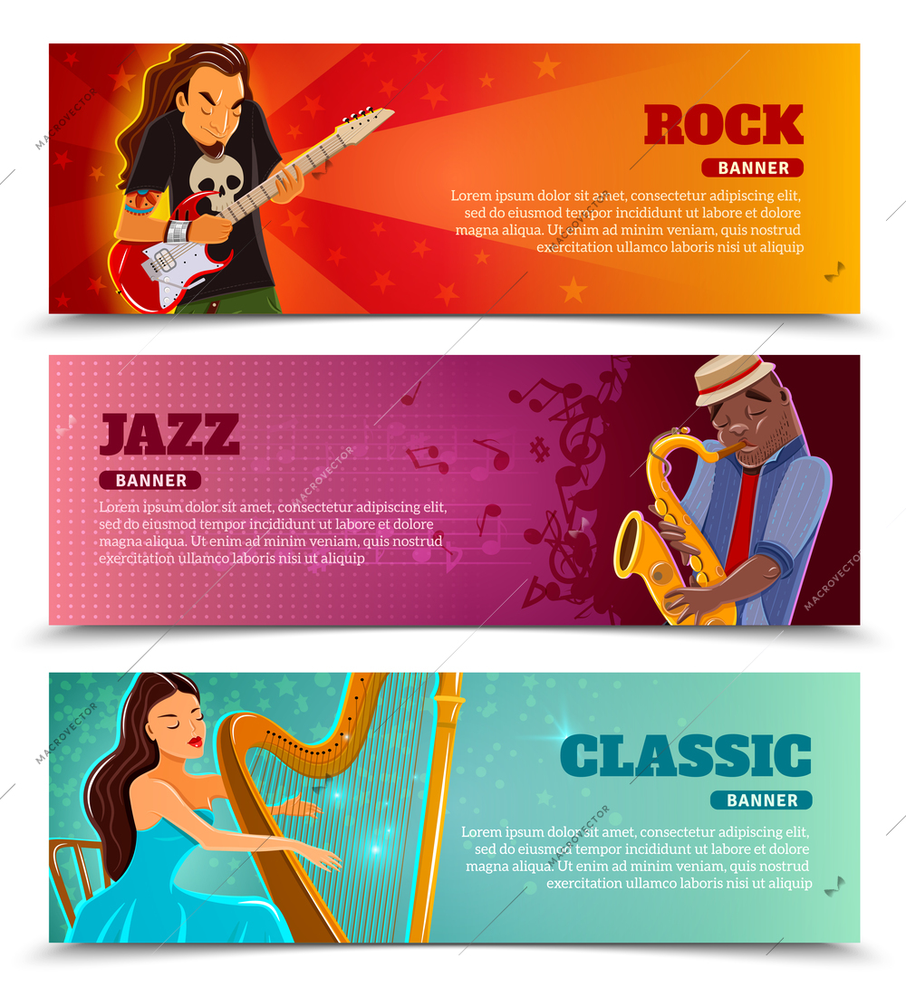 Rock festival jazz and classic music concert with performing harpist flat banners set abstract isolated  vector illustration