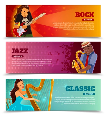 Rock festival jazz and classic music concert with performing harpist flat banners set abstract isolated  vector illustration