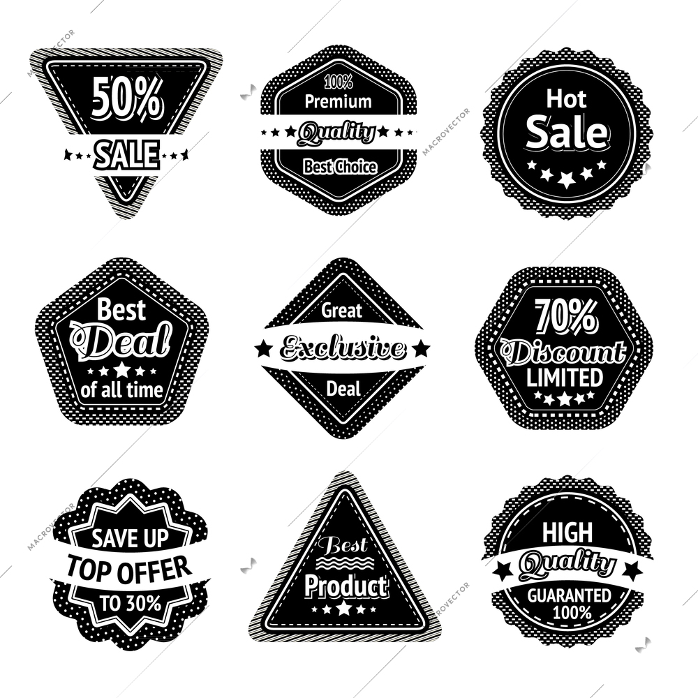 Sale tags and stickers set for best price high quality and exclusive deal isolated vector illustration