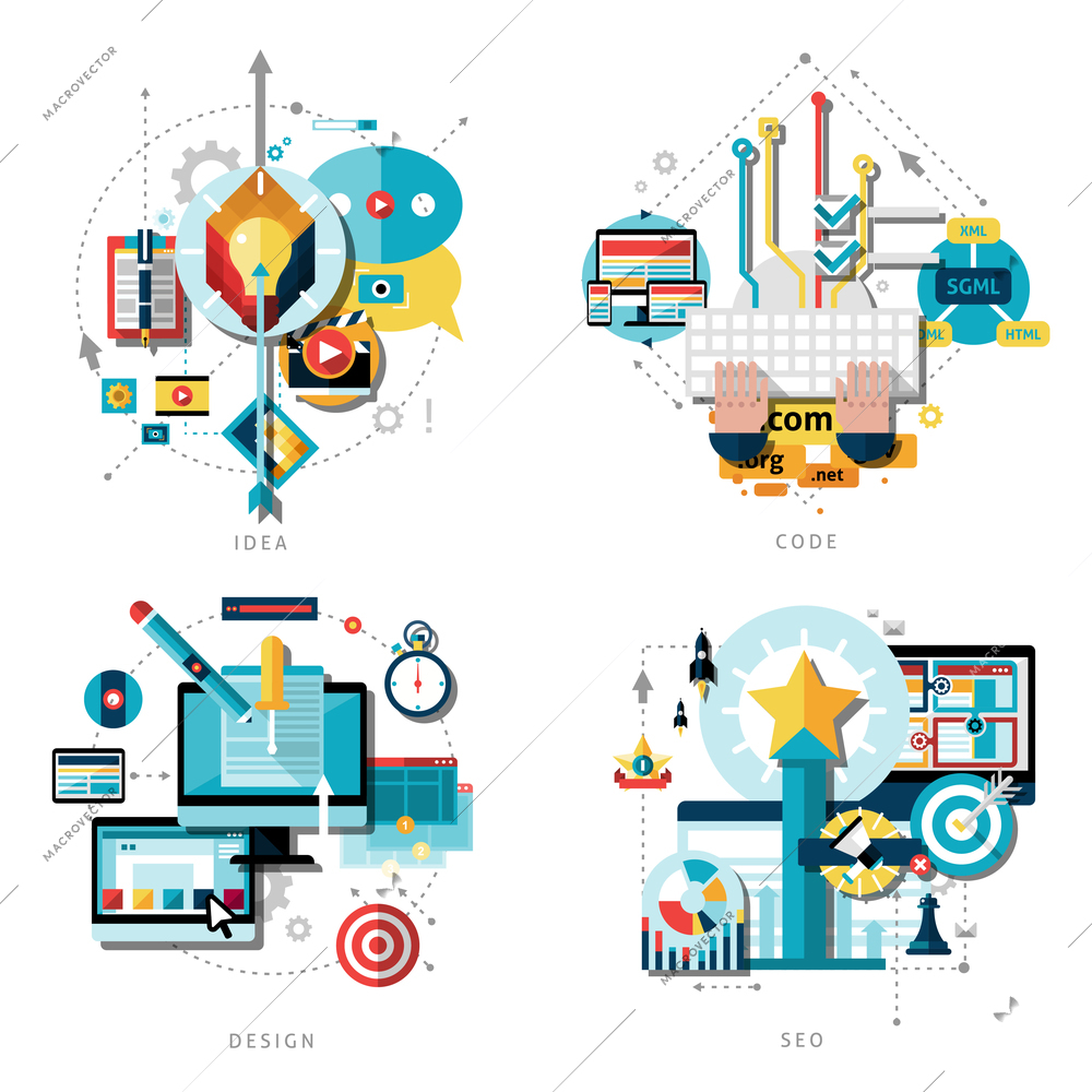 Creative work and ideas icons set with computer design projects and success flat isolated vector illustration