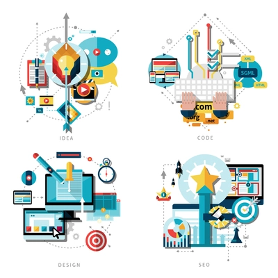 Creative work and ideas icons set with computer design projects and success flat isolated vector illustration