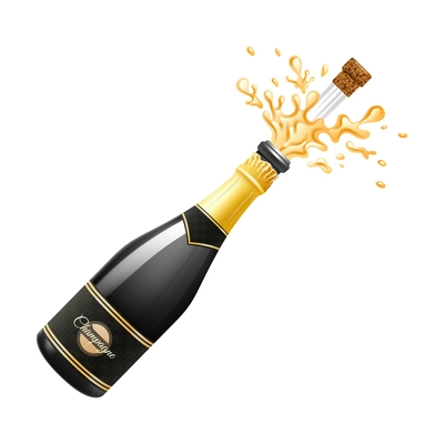 Black champagne bottle explosion with cork and splashes realistic vector illustration