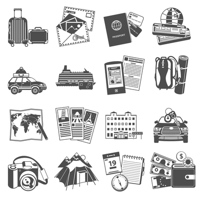 Summer vacation travel symbols icons set of transportation and sightseeing guide map black abstract isolated vector illustration