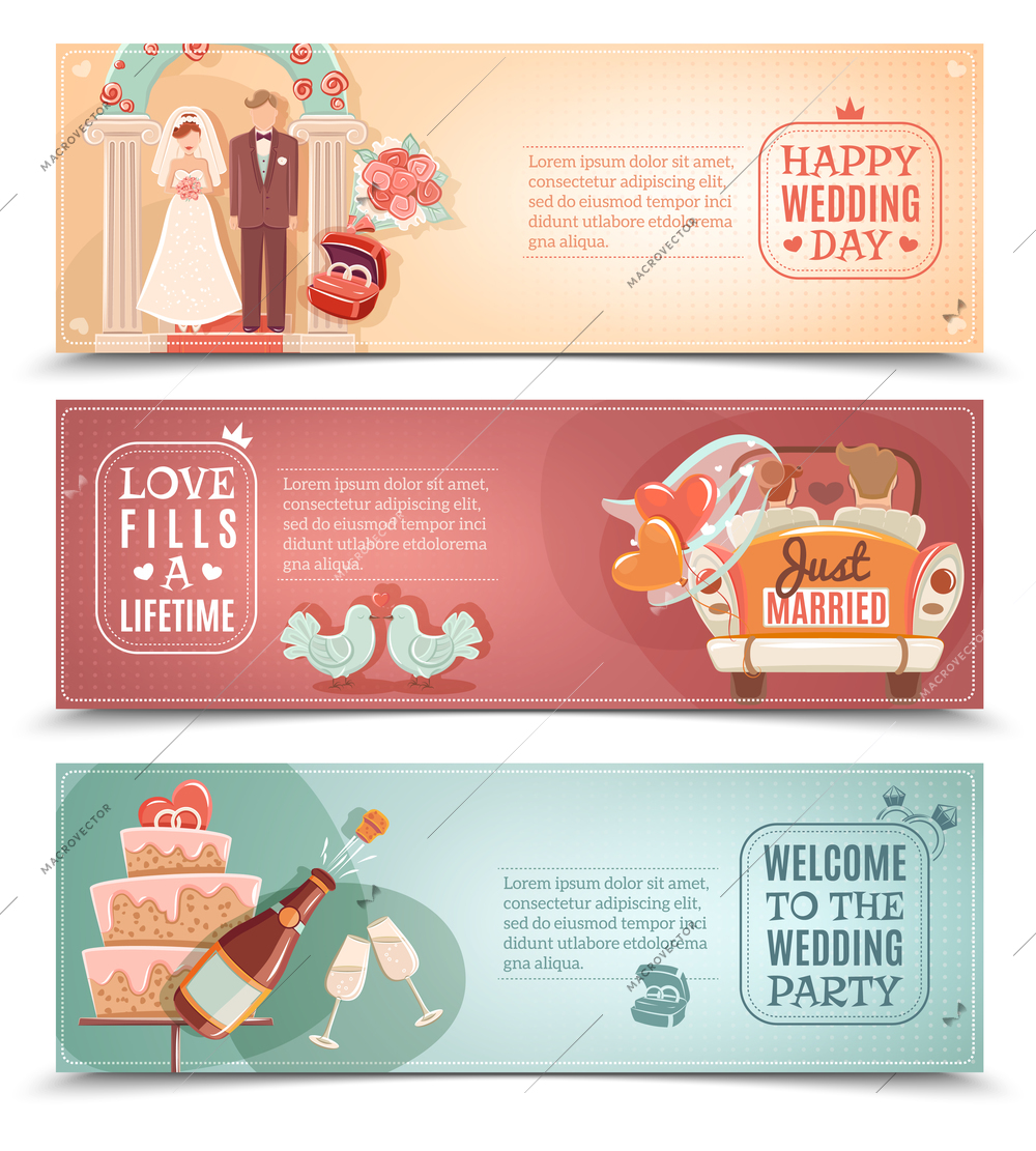 Vintage style wedding day party for just married couple flat horizontal banners set abstract isolated vector illustration