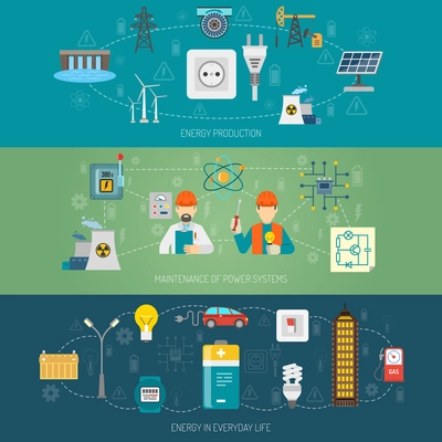 Energy production transmission and maintenance of domestic power systems horizontal flat banners set abstract vector isolated illustration
