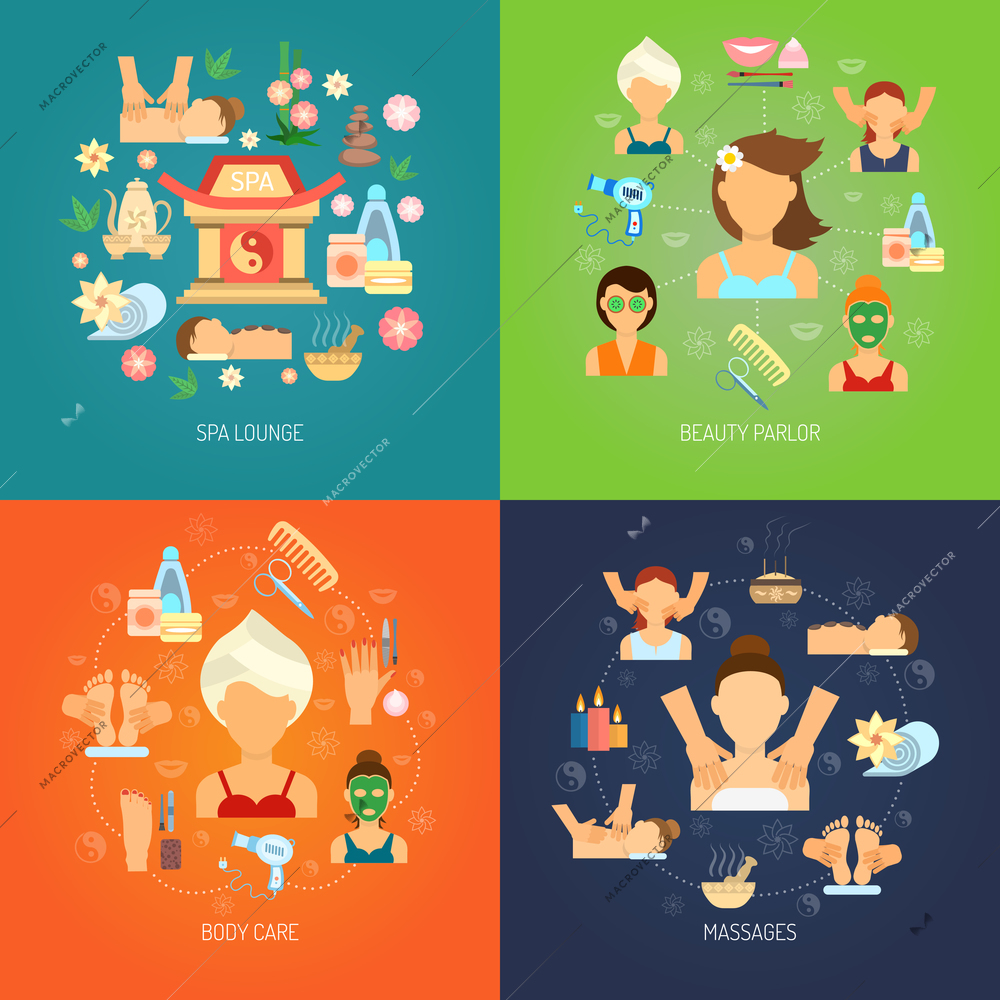 Spa design concept set with body care and massage flat icons isolated vector illustration