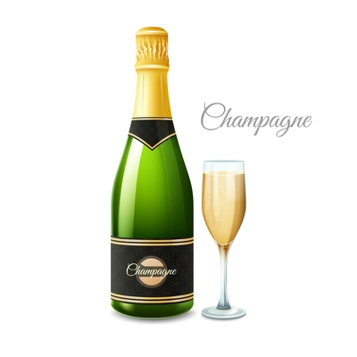 Champagne bottle and full glass realistic set with title isolated vector illustration