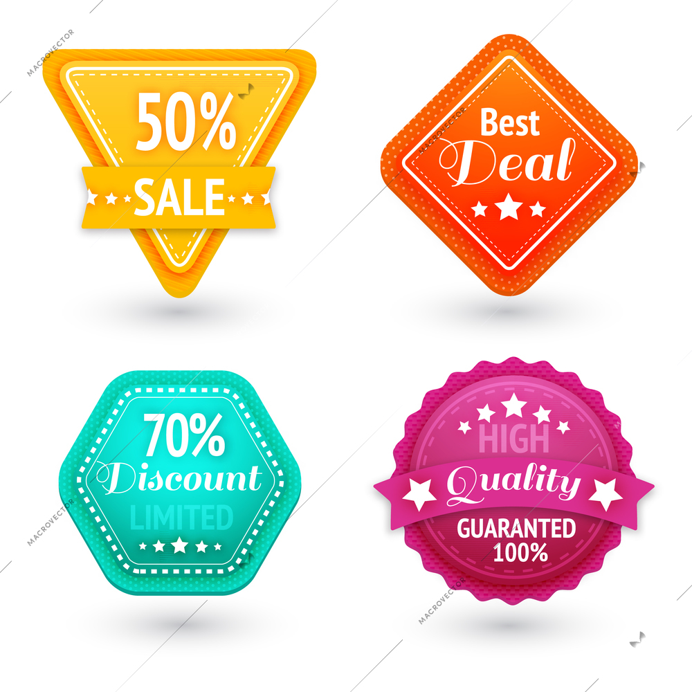 Sale signs and symbols set for best price high quality and exclusive deal isolated vector illustration