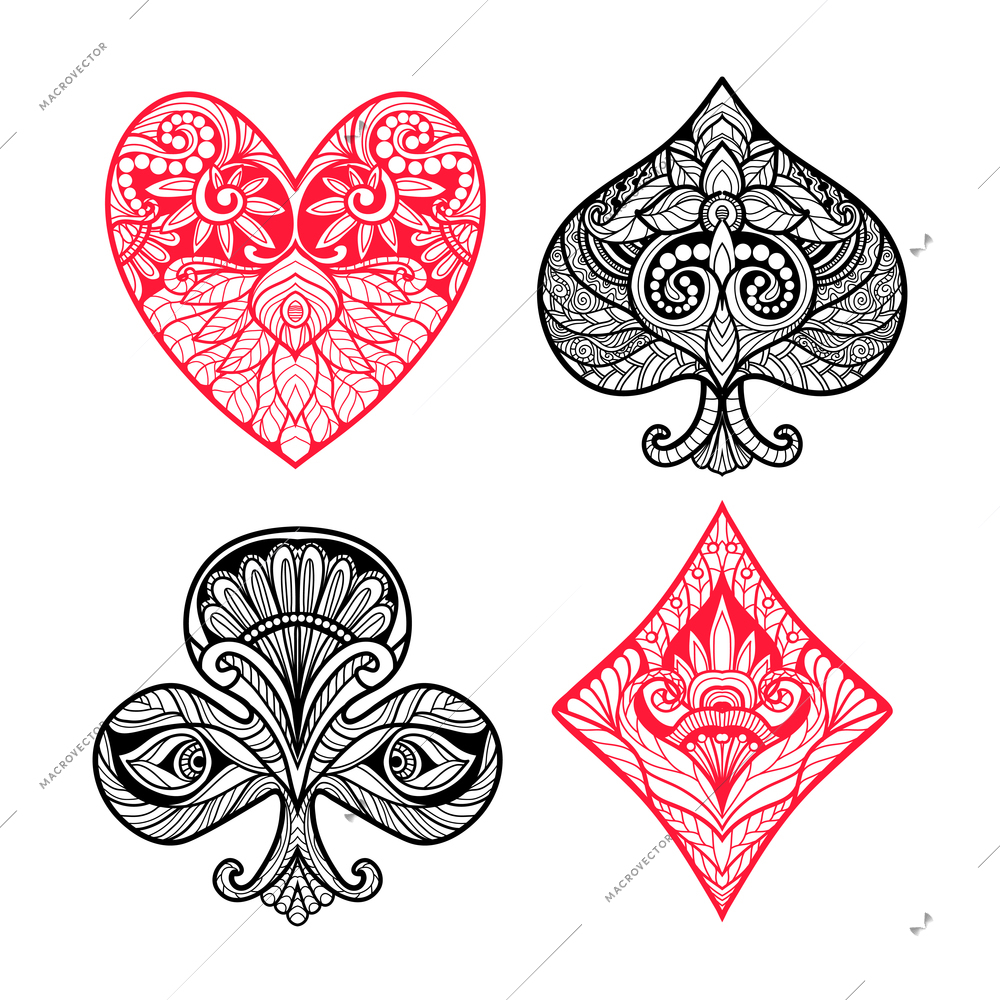 Playing card suits hand drawn set with decorative ornament isolated vector illustration