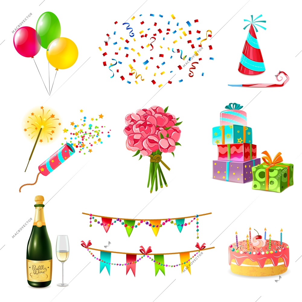 Celebration icons set with cake balloons champagne bouquet confetti and present boxes firecrackers garland whistle party hat isolated vector illustration