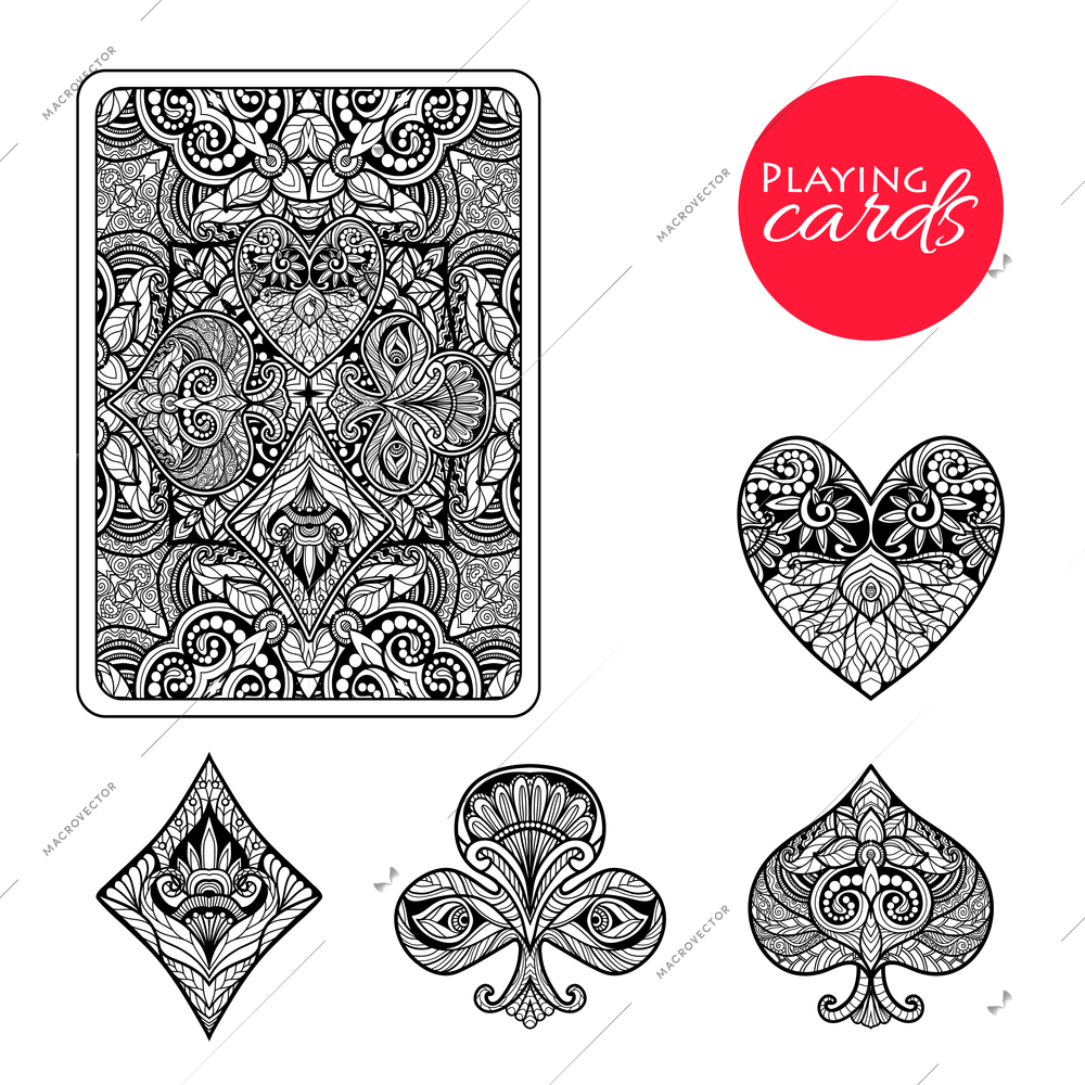 Decorative playing card suits set with hand drawn ornament isolated vector illustration