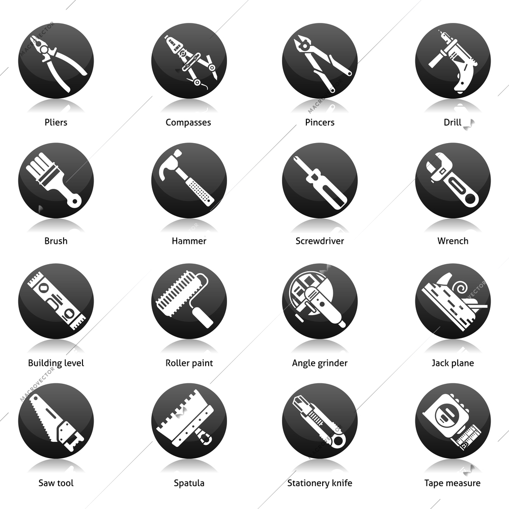 DIY tools icons black set with hammer wrench drill screwdriver isolated vector illustration