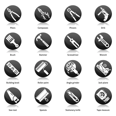 DIY tools icons black set with hammer wrench drill screwdriver isolated vector illustration