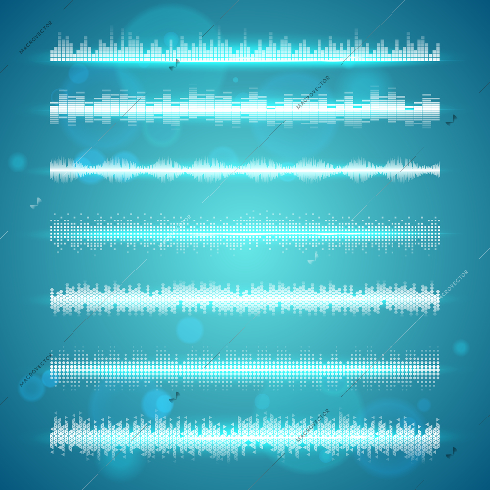 Modern electronic beat sound waves display horizontal series set against sky blue background banner abstract vector illustration