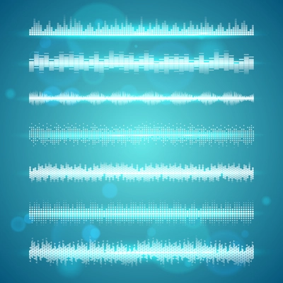 Modern electronic beat sound waves display horizontal series set against sky blue background banner abstract vector illustration