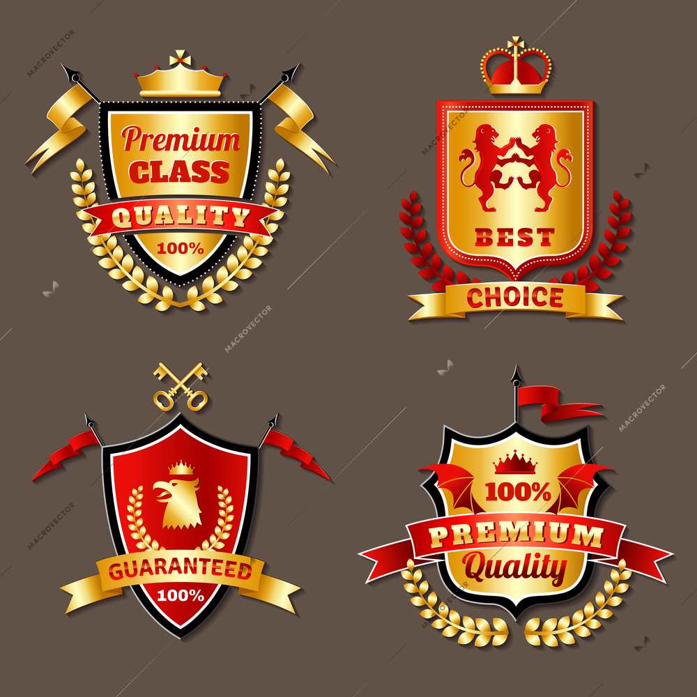 Heraldic premium class realistic emblems set with shields isolated vector illustration