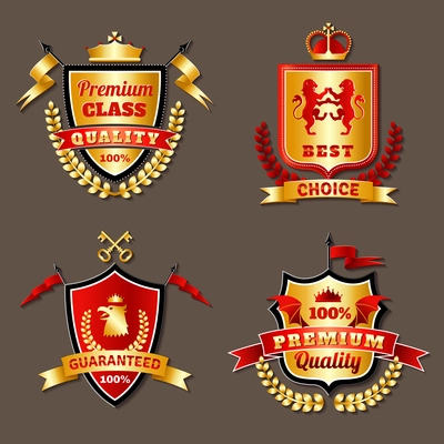 Heraldic premium class realistic emblems set with shields isolated vector illustration
