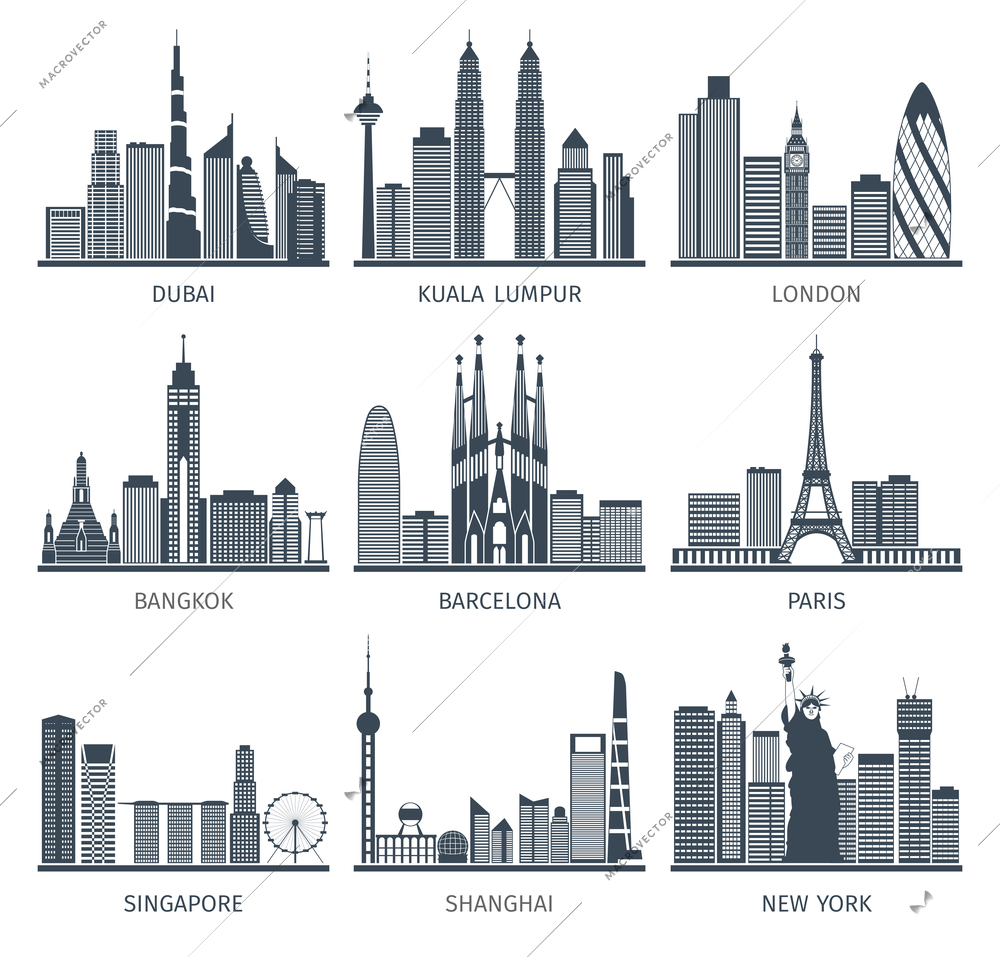 World famous capitals cities characteristic downtown business center edifice buildings silhouettes skyline  black abstract isolated vector illustration