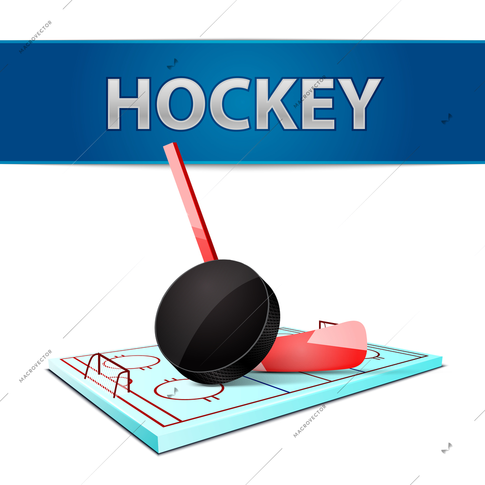 Realistic hockey stick puck and ice arena emblem isolated vector illustration