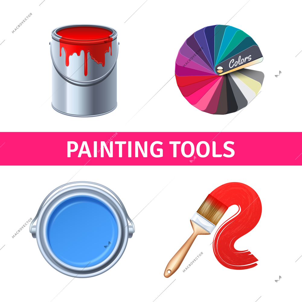 Painting tools realistic set with color range brush and can isolated vector illustration