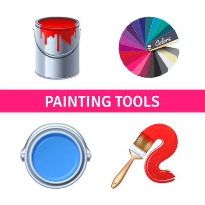 Painting tools realistic set with color range brush and can isolated vector illustration