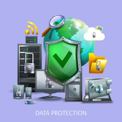 Data protection and storage concept with laptop computer and smartphone on violet background cartoon vector illustration