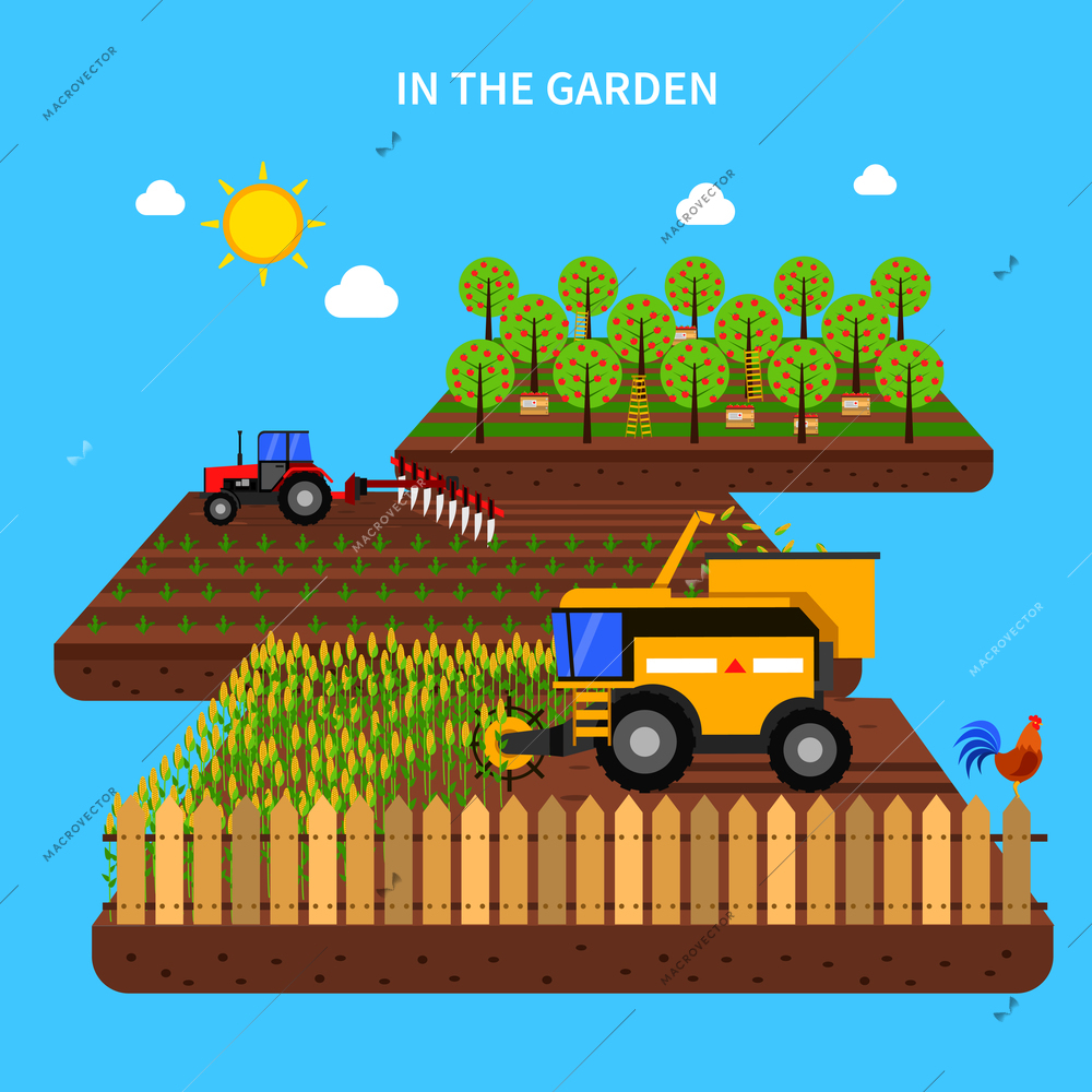 Agriculture concept with tractor harvest in the field flat vector illustration