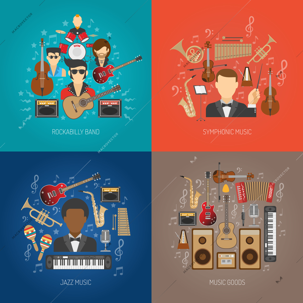 Music design concept set with jazz and symphonic flat icons isolated vector illustration