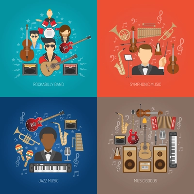 Music design concept set with jazz and symphonic flat icons isolated vector illustration