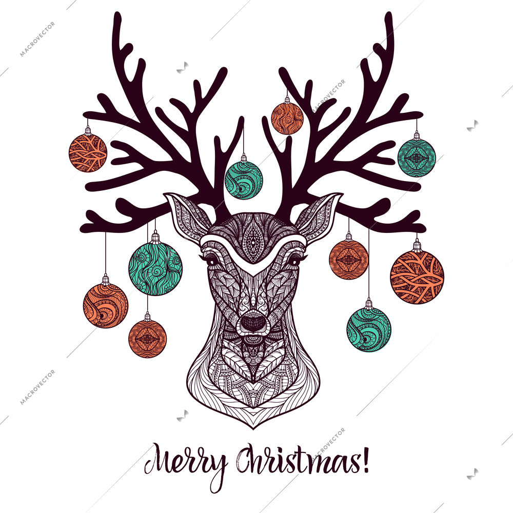 Colored christmas deer with ornament and decoration balls on antlers vector illustration