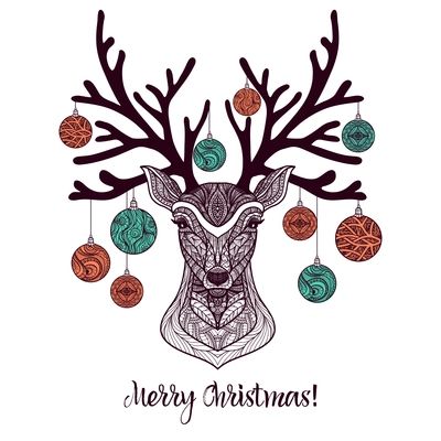 Colored christmas deer with ornament and decoration balls on antlers vector illustration